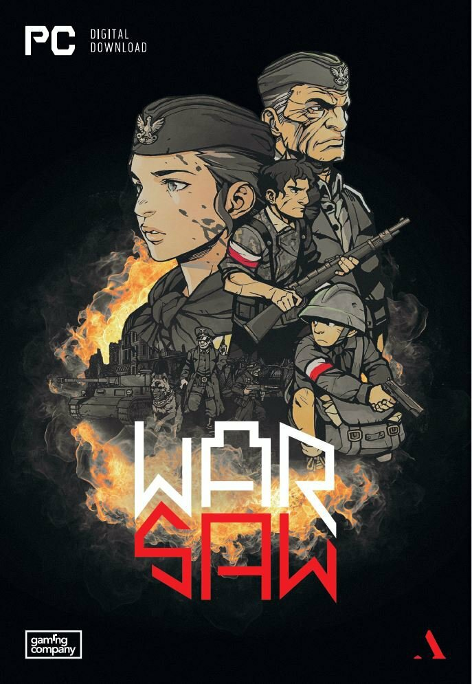 Okładka gry z żołnierzami i płonącym miastem. Słowo WARSAW jest widoczne.