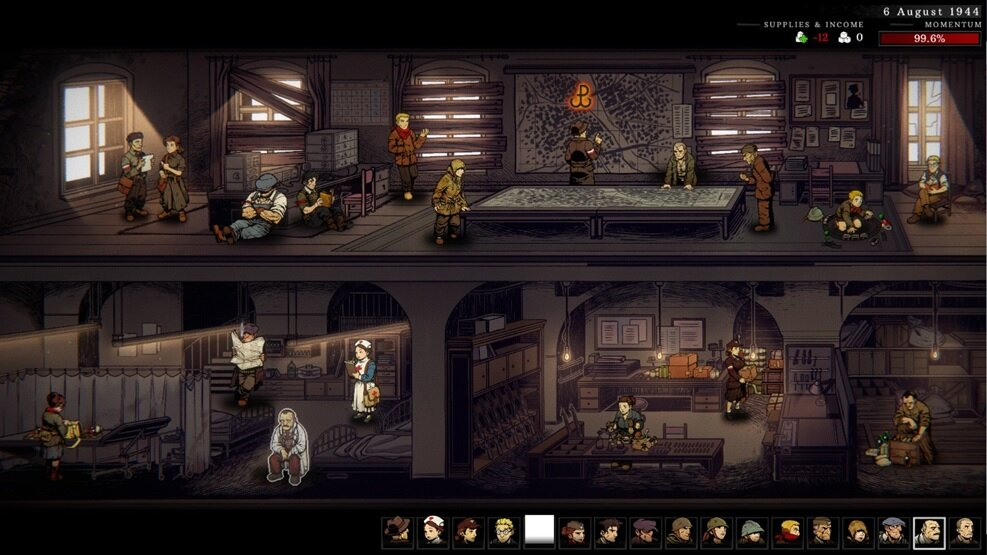 Przekrój budynku z ludźmi w środku. Niektórzy pracują, inni odpoczywają.