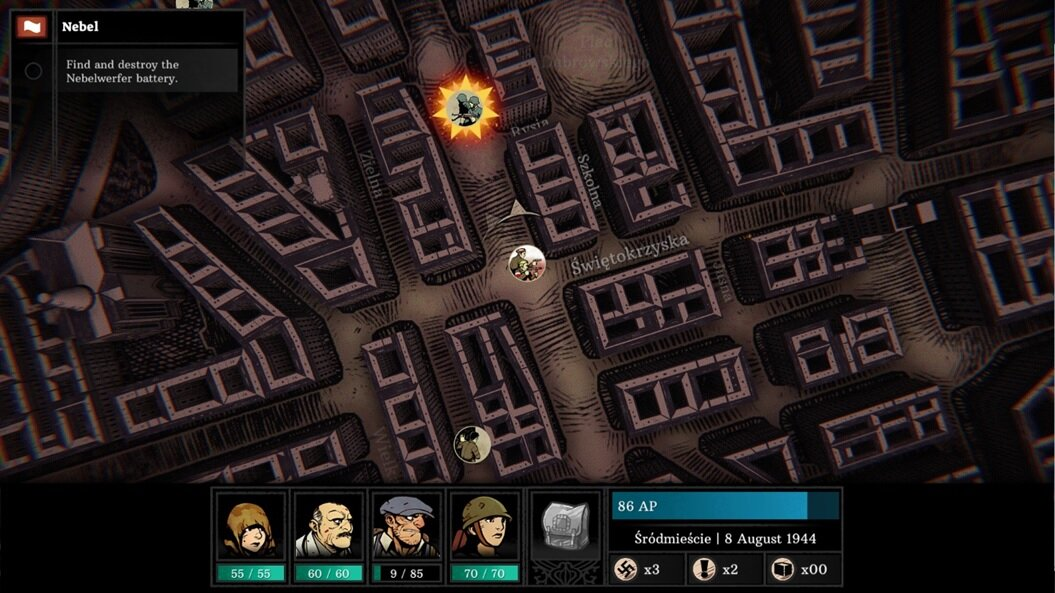 Mapa miasta z podświetlonymi obszarami, interfejsem gry i portretami postaci na dole.