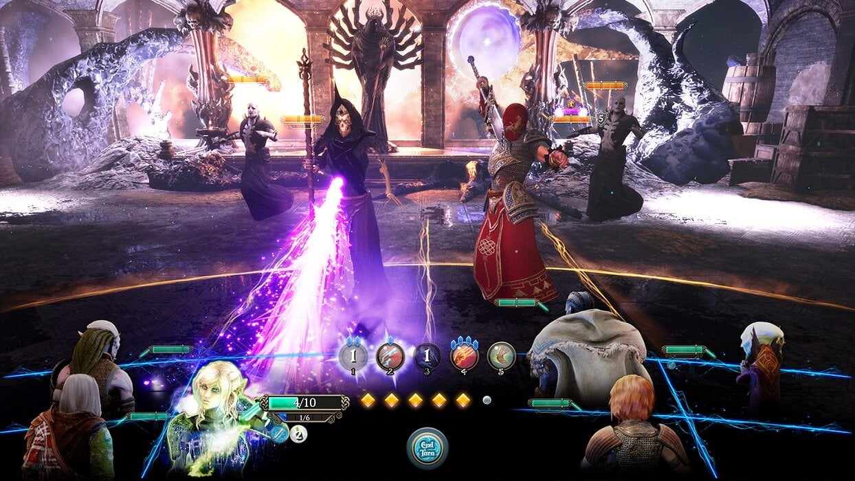 Scena z gry z postaciami w mistycznym otoczeniu. Fioletowa energia emanuje z różdżki. Inne postacie są widoczne w tle.