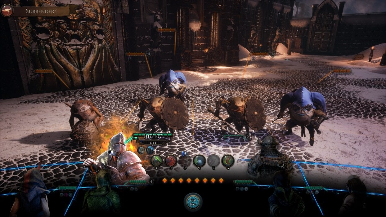 Scena bitwy z fantastycznymi stworzeniami i opancerzonymi postaciami. Z tyłu znajduje się gigantyczne drzwi. Scena ma niebieski interfejs na dole.