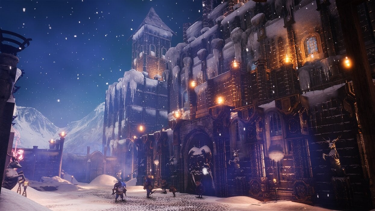 Zasypana śniegiem średniowieczna sceneria miejska. Budynki z lodem i śniegiem, oświetlone latarniami ulicznymi. Postacie idą po śniegu. Góry w tle.