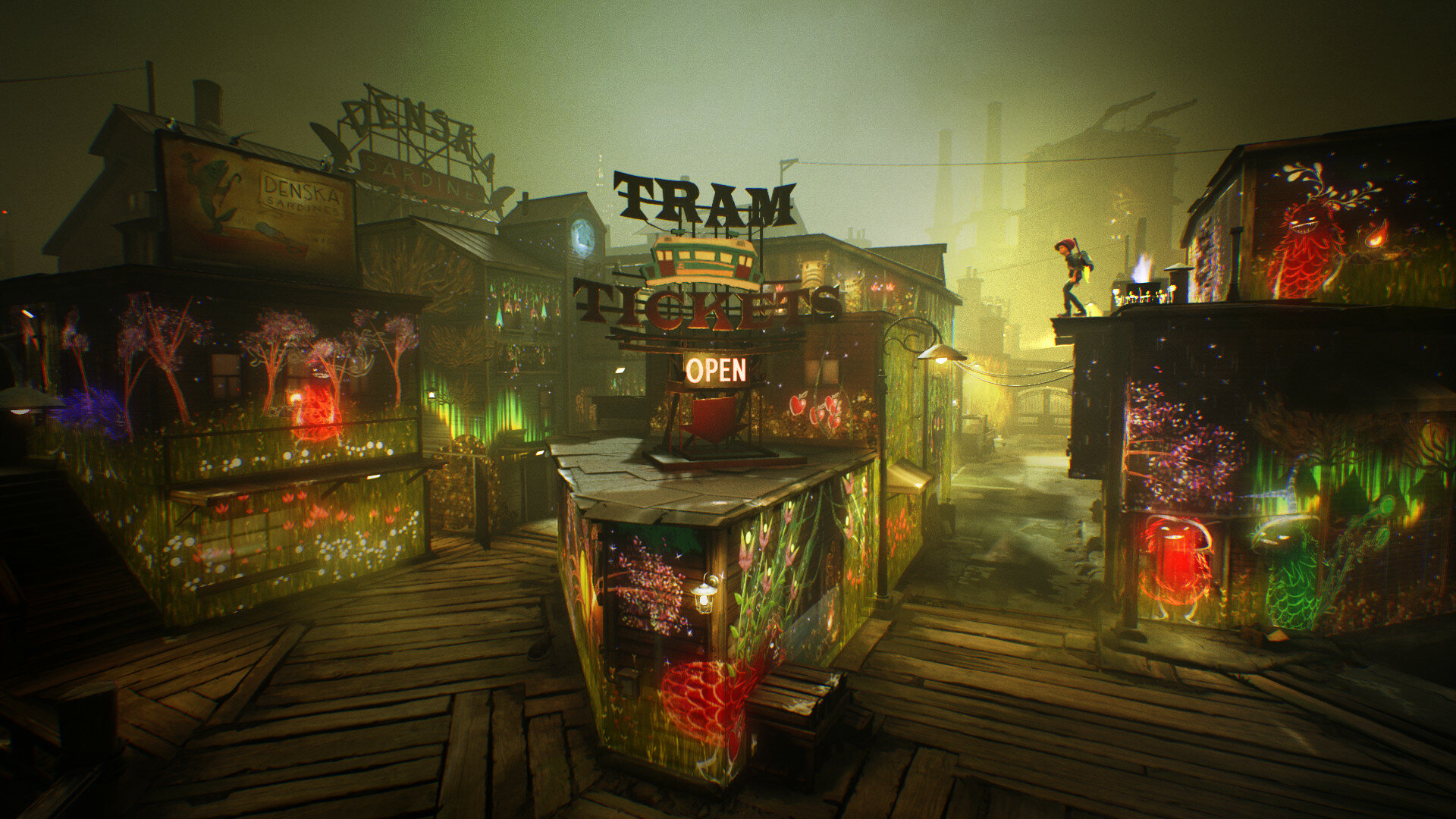 Kolorowa, fantastyczna scena z budynkami, znakami i postaciami. Widoczne słowo TRAM. Ze gry.