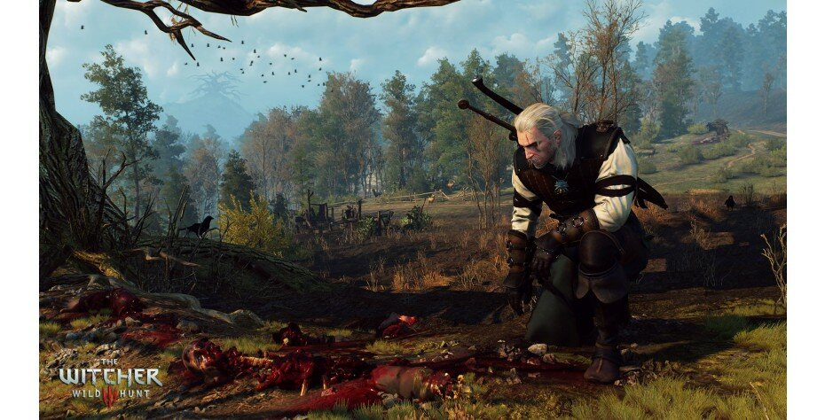 Geralt z Wiedźmina klęczący na ziemi w pobliżu ciał w leśnej polanie.