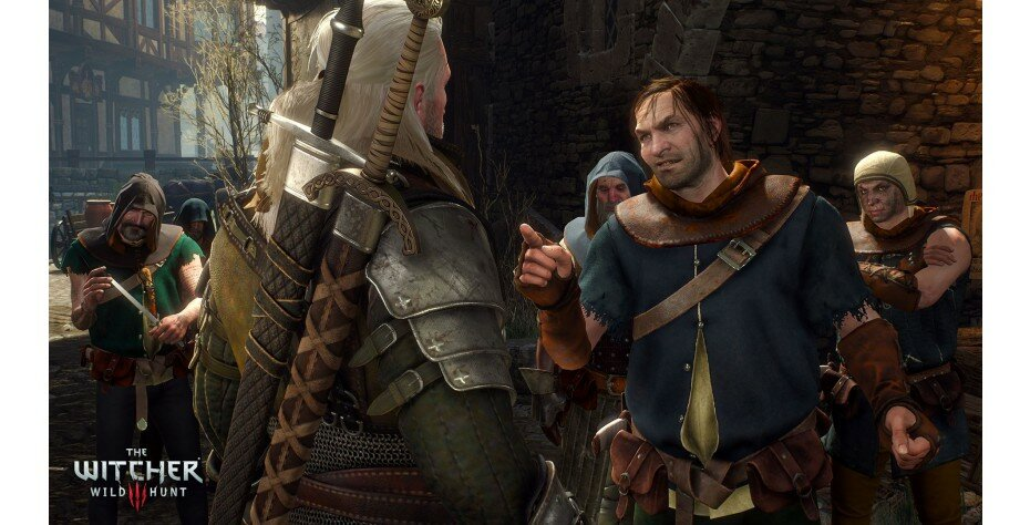 Scena z gry Wiedźmin: Geralt rozmawia z mężczyzną w niebieskiej koszuli. Inne postacie patrzą.