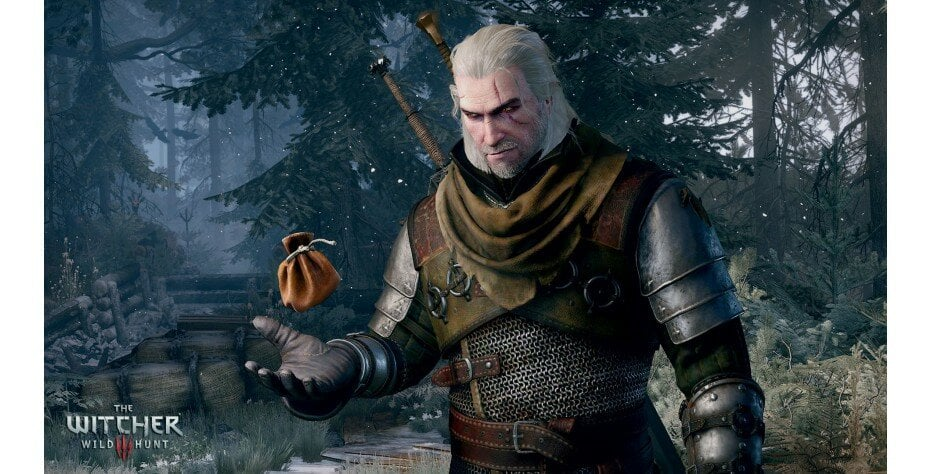 Wiedźmin, Geralt z Rivii, stoi w zaśnieżonym lesie, trzymając sakiewkę.