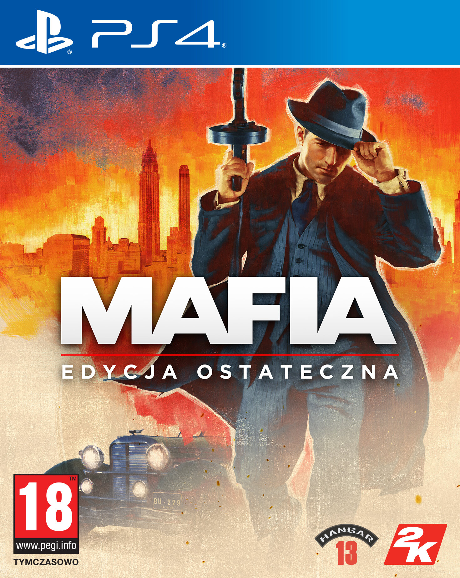 Okładka gry na PS4 dla Mafia: Definitive Edition, z mężczyzną trzymającym broń i zabytkowym samochodem.