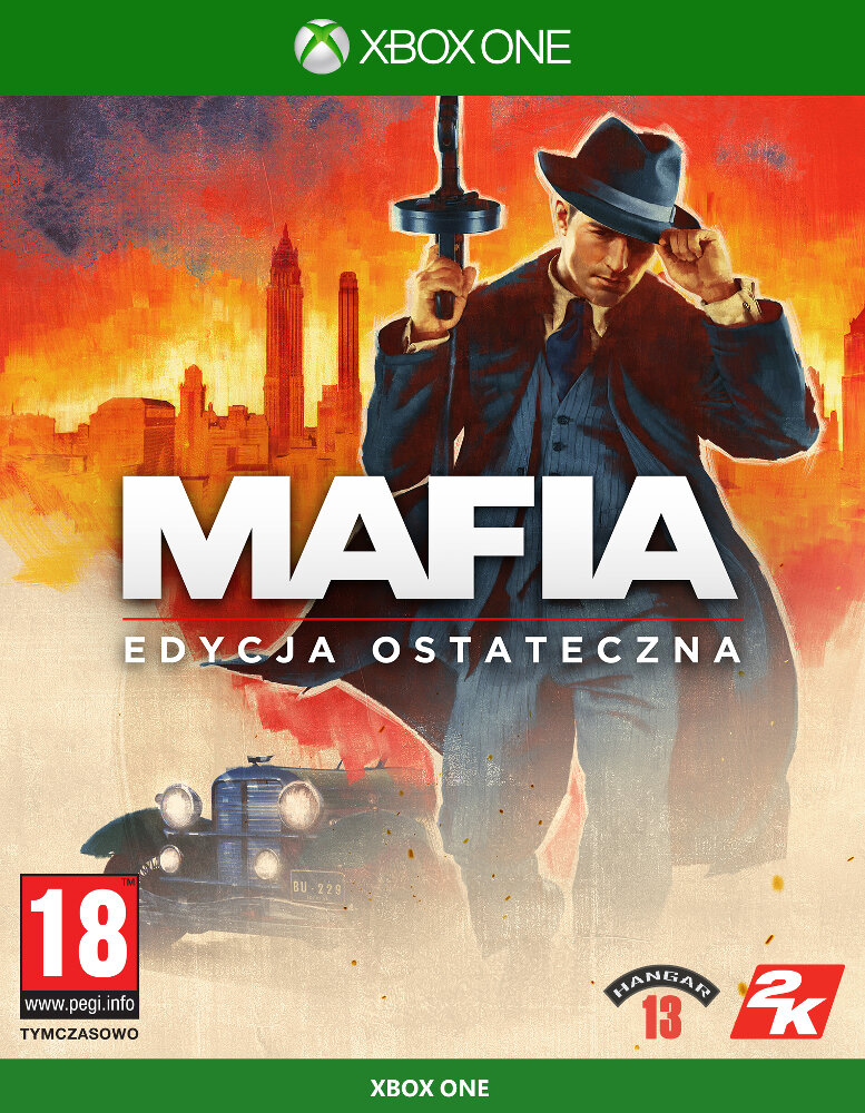 Okładka gry: Mężczyzna z bronią, krajobraz miejski, tytuł 'MAFIA', 'EDYCJA OSTATECZNA', logo Xbox One.