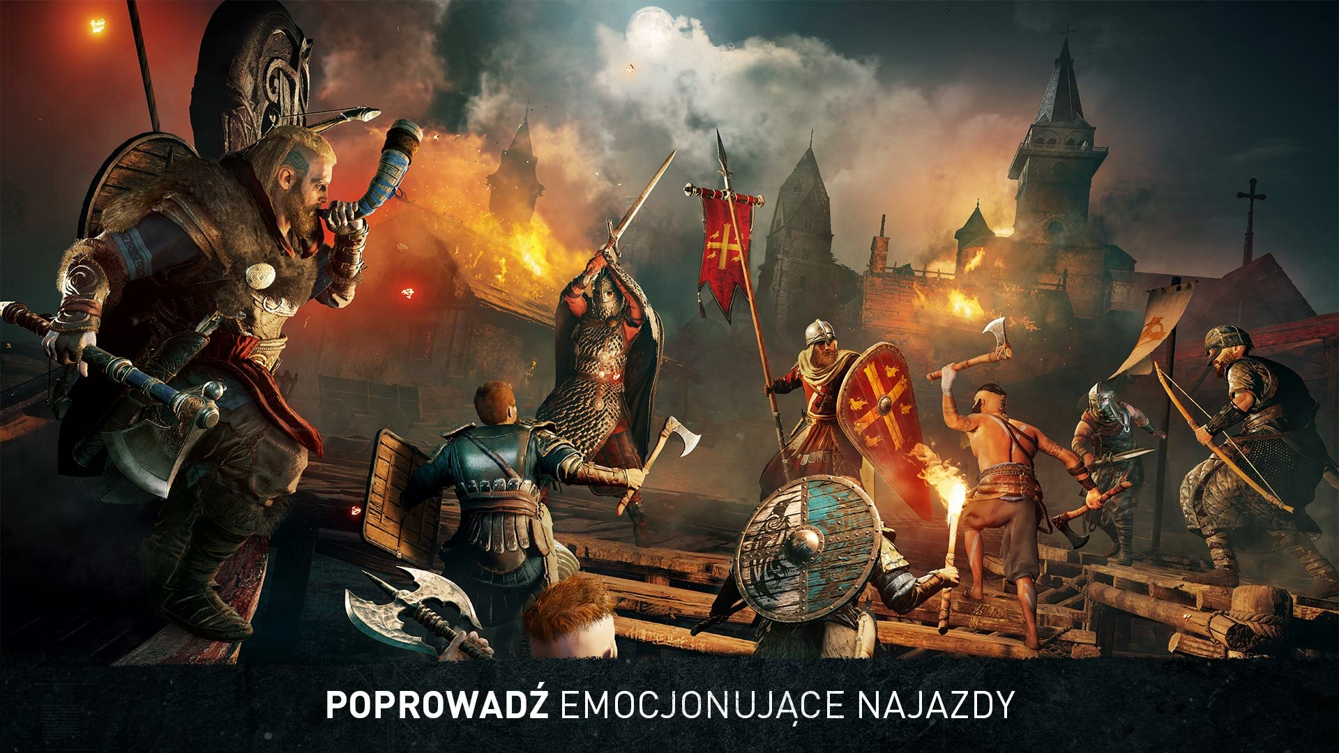 Scena akcji z gry wideo, Wikingowie walczą w płonącej wiosce. Miecze, ogień i zamek.