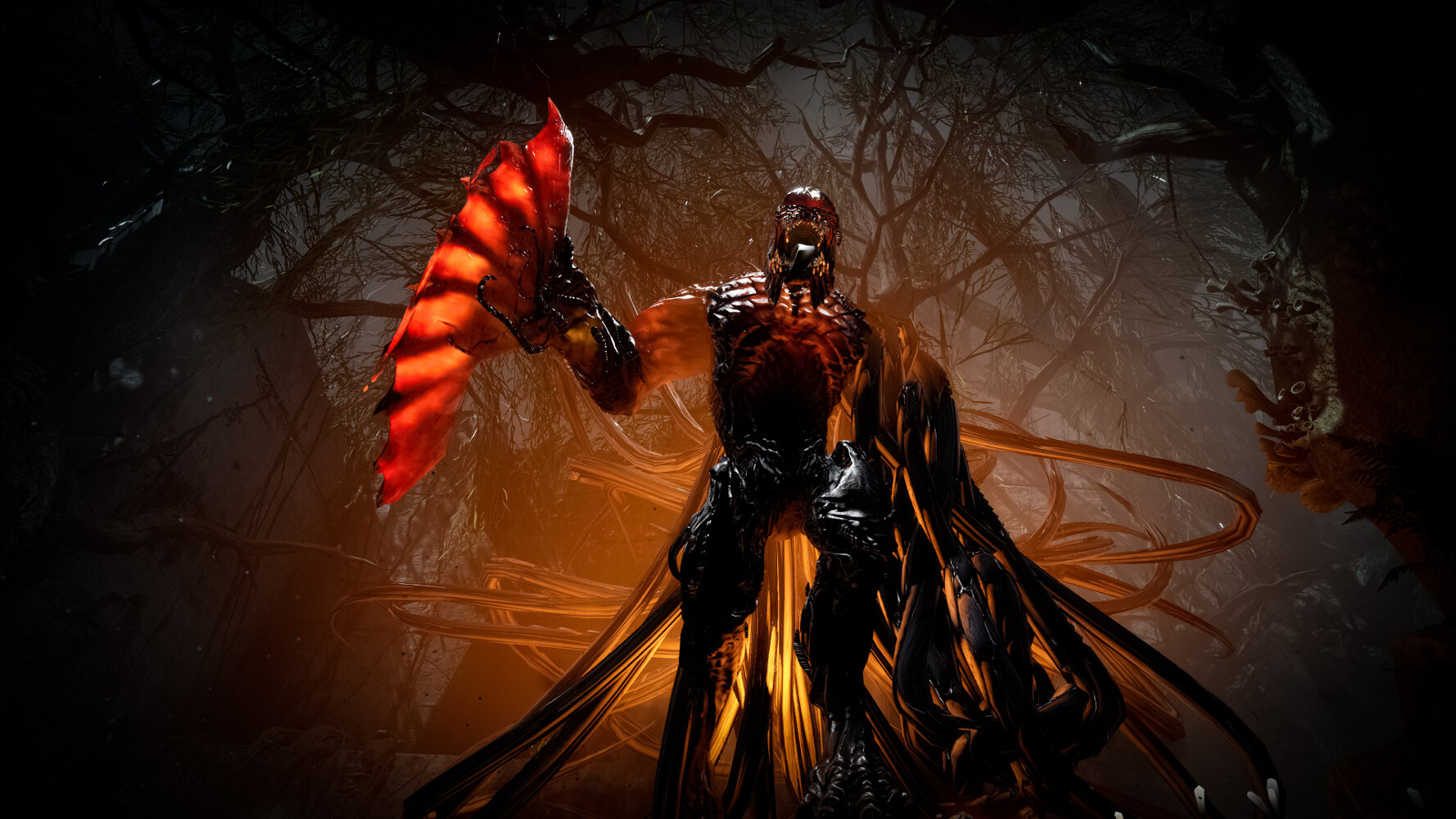 Potworna postać z czerwonym, skrzydlatym ramieniem. Stwór znajduje się w ciemnym, złowieszczym lesie.