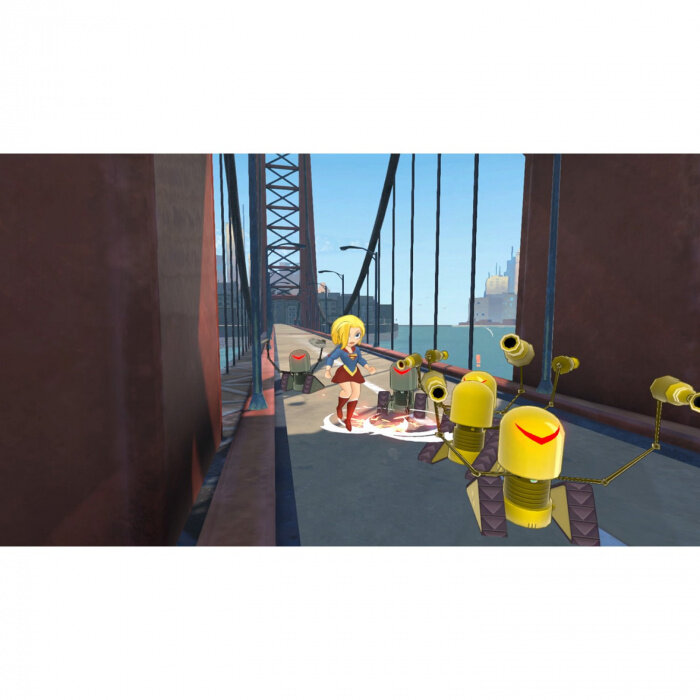 Dziewczyna w czerwono-niebieskim stroju na moście. W pobliżu roboty z żółtymi głowami.