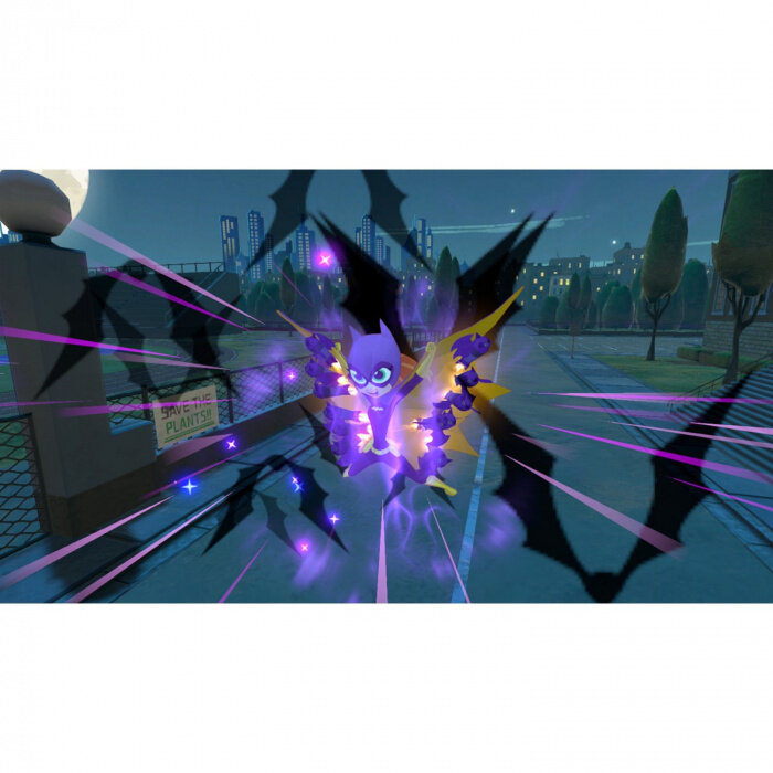 Batgirl w fiolecie i żółci, z tłem miasta, w zrzucie ekranu z gry wideo.