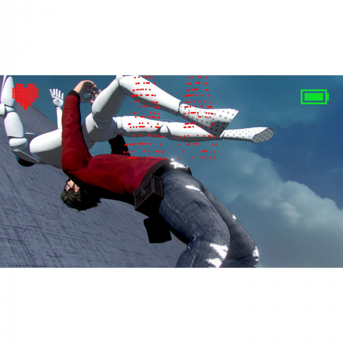 Dwie postacie walczące w powietrzu, jedna czerwona koszula, jeden biały robot.