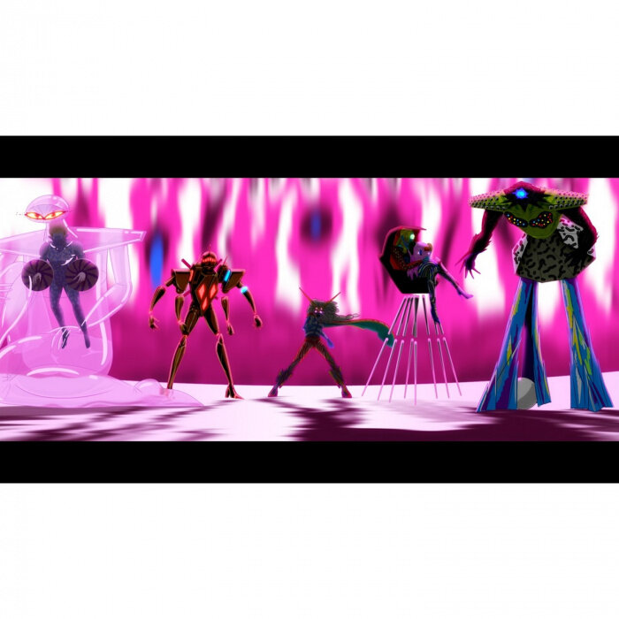 Animowane postacie kosmitów w różowym otoczeniu. Różne projekty i pozy kosmitów. Czarne paski u góry/dołu.