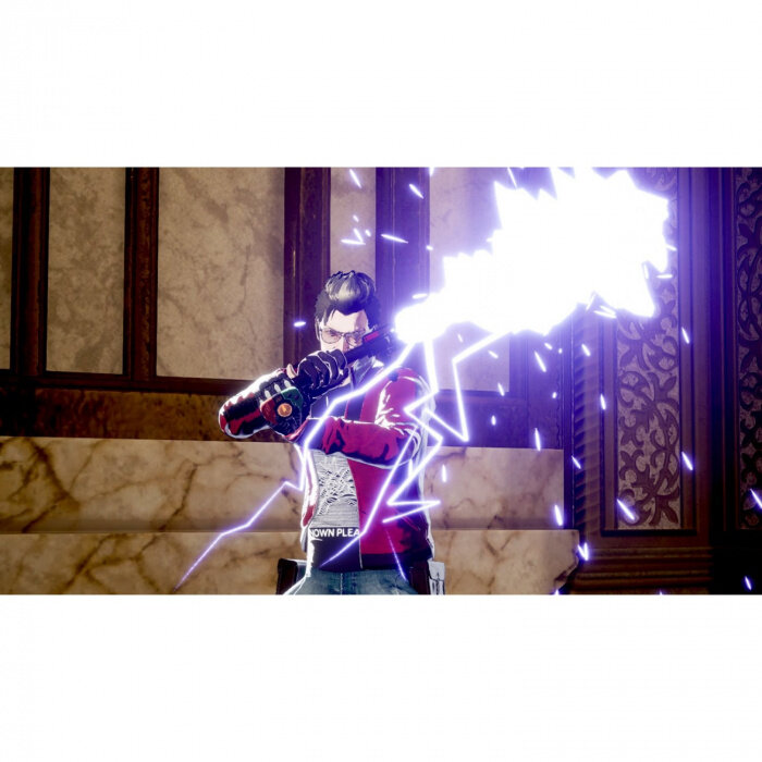 Mężczyzna w czerwonej kurtce strzela wiązką światła z dłoni. Jasne, białe i fioletowe światło.