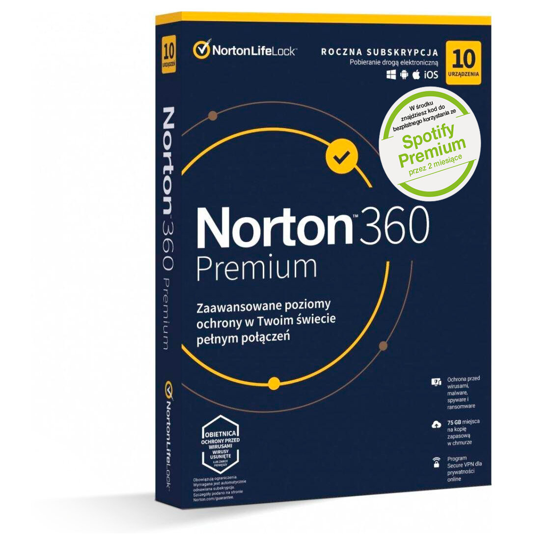 Pudełko Norton 360 Premium. Ma zielony haczyk i mówi, że chroni przed wirusami.