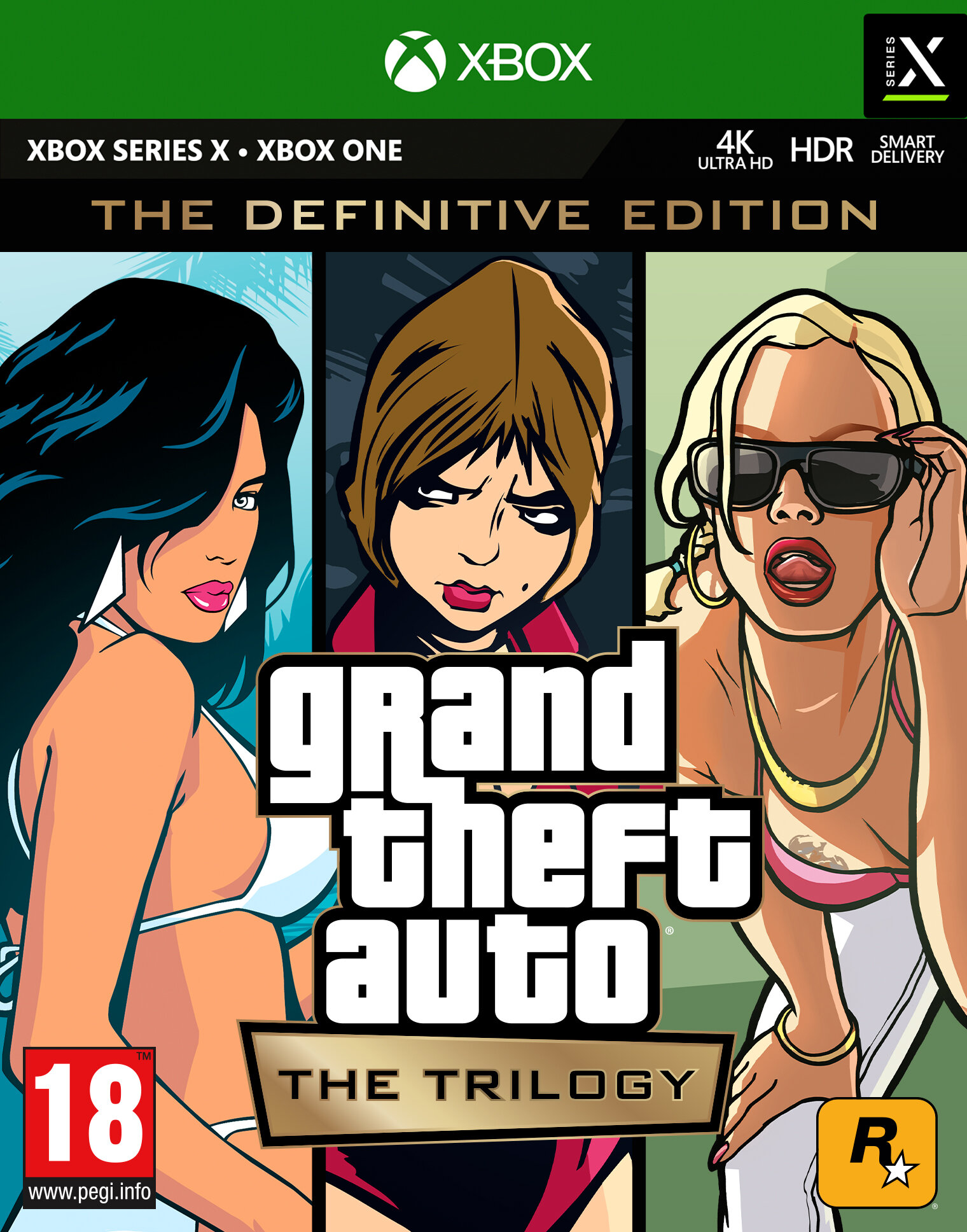 Okładka gry Grand Theft Auto: The Trilogy. Zawiera trzy postacie i tytuł gry na okładce.