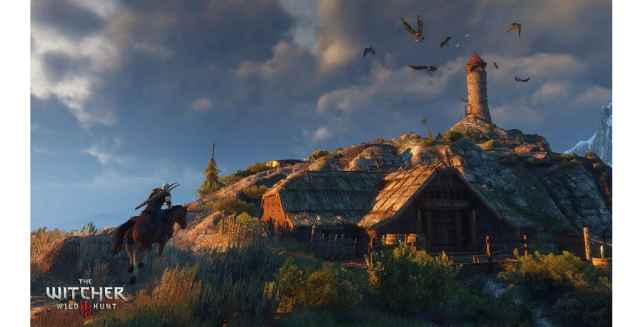 Scena z The Witcher 3, z jeźdźcem na koniu, wieżą i krajobrazem.