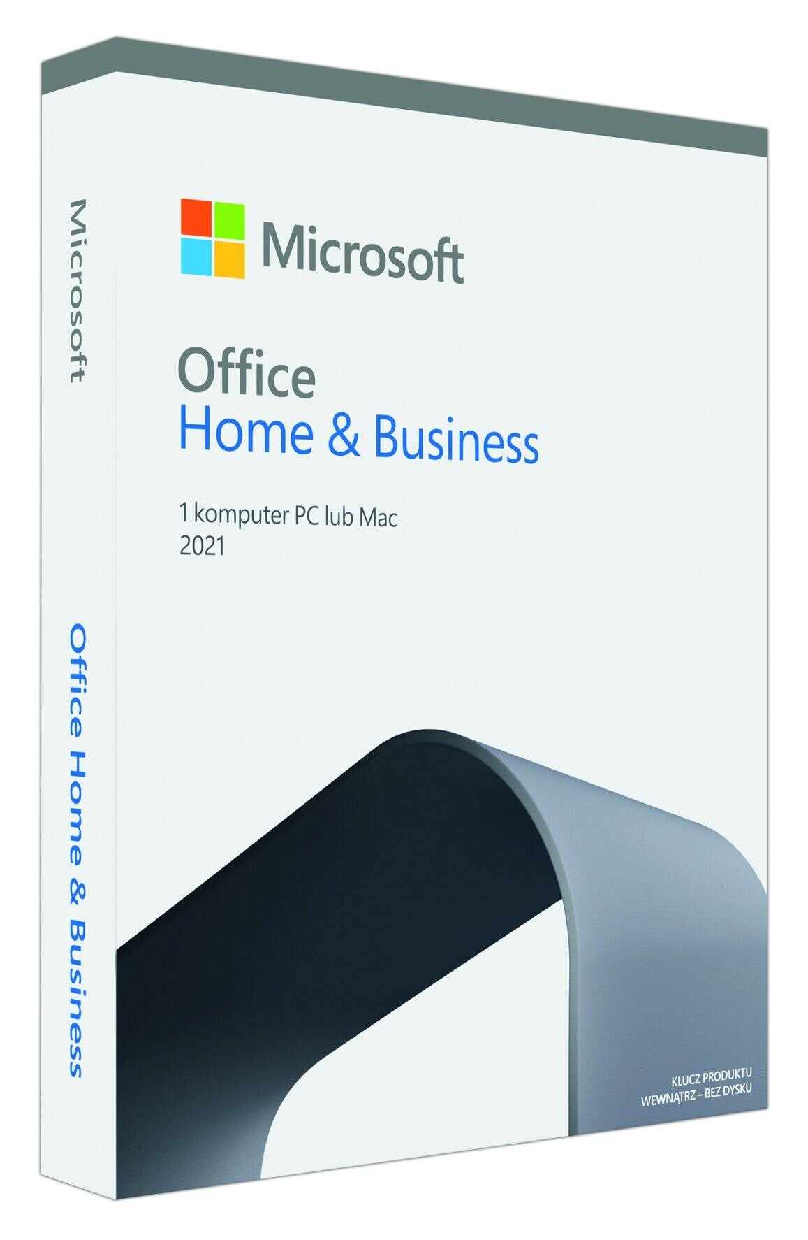 Pudełko z oprogramowaniem Microsoft Office Home & Business 2021, białe z logo i tekstem Microsoft.