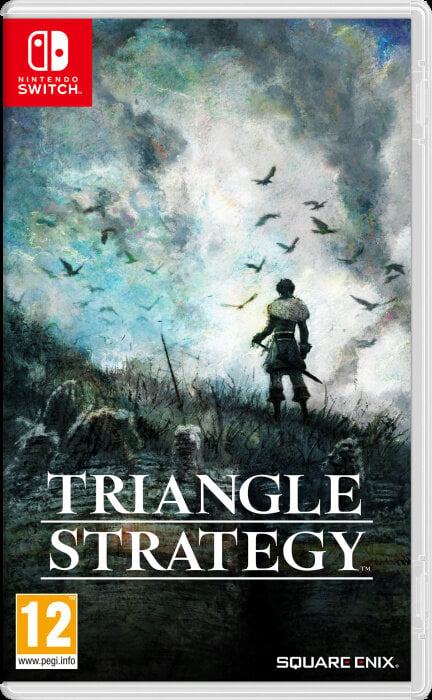 Pudełko gry Nintendo Switch: Triangle Strategy, postać wojownika z zachmurzonym, górzystym tłem.