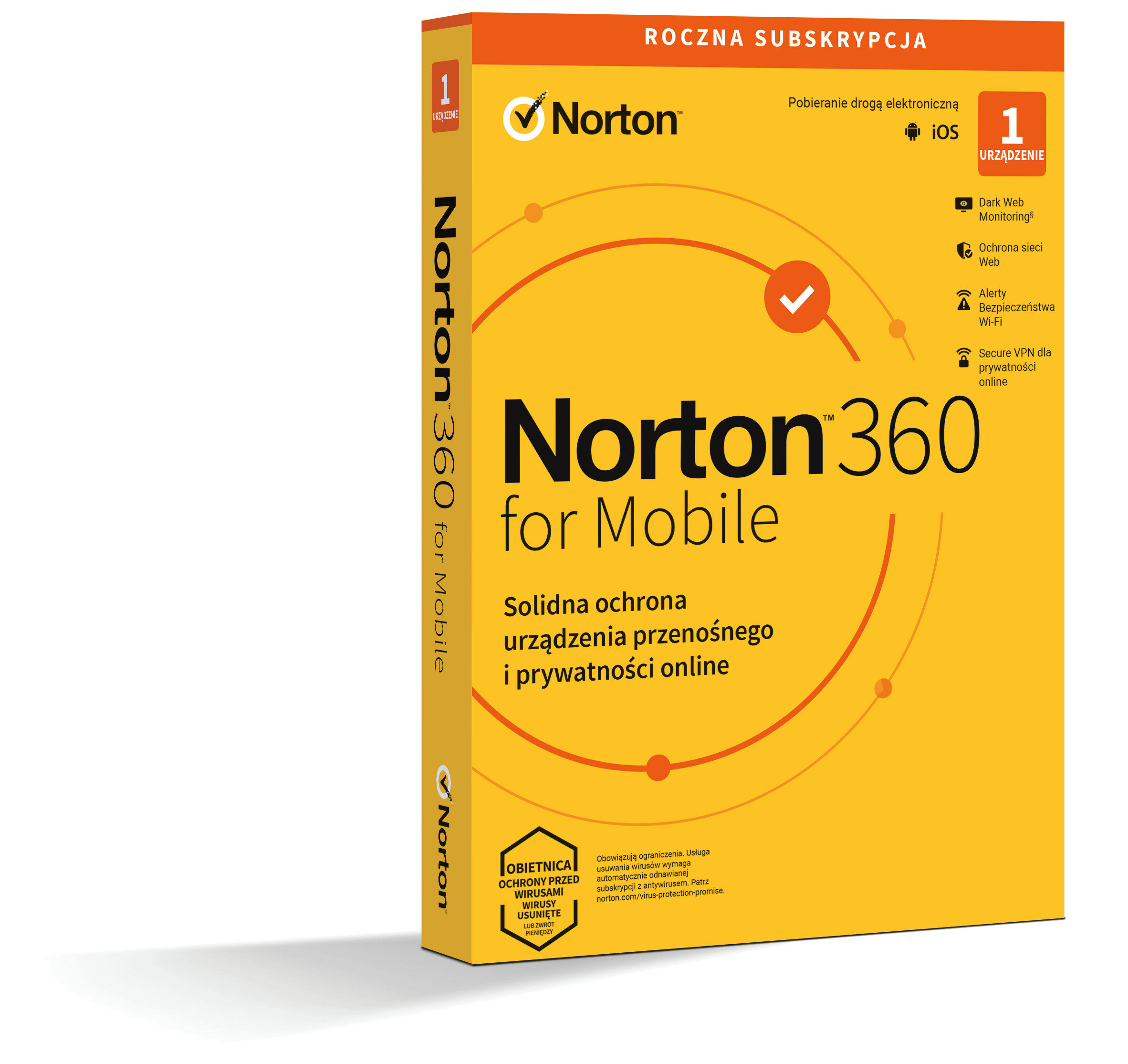 Pudełko z oprogramowaniem Norton 360 for Mobile, pomarańczowe i żółte, z logo i tekstem Norton.