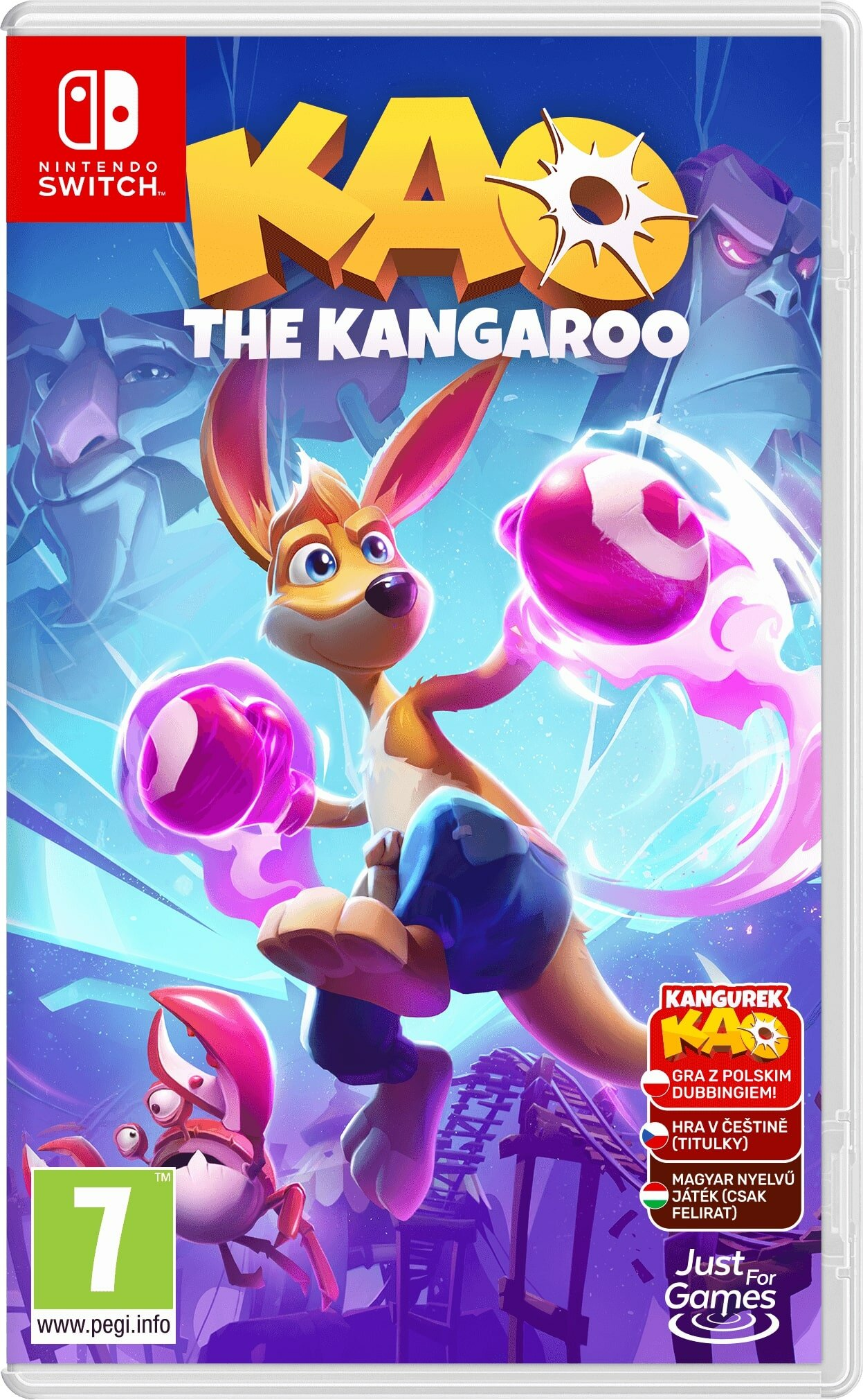 Etui na grę Nintendo Switch. "Kao the Kangaroo". Kreskówkowy kangur na okładce, w rękawicach bokserskich. Niebieski i fioletowy.