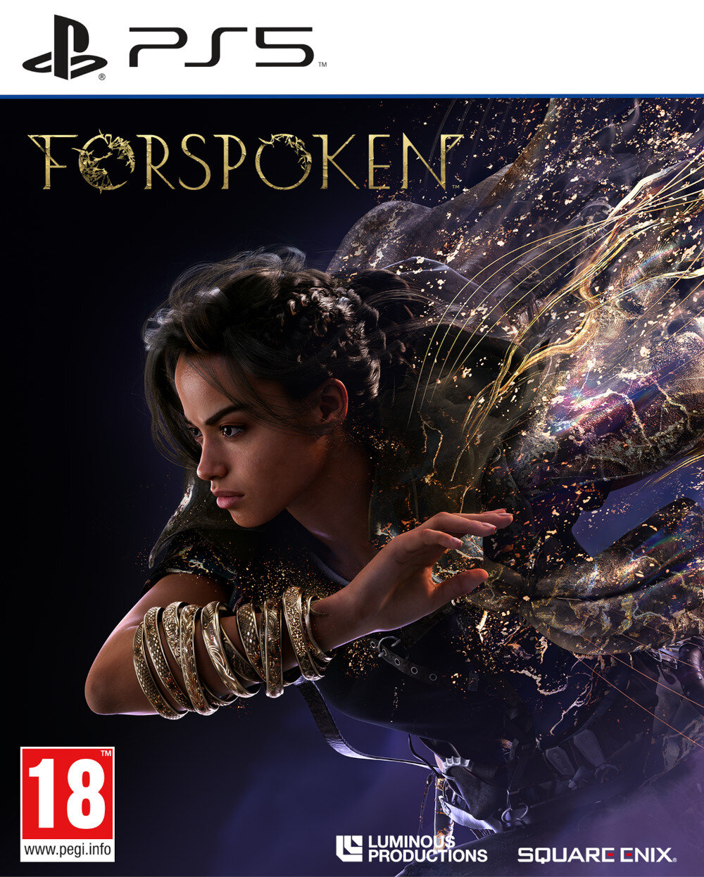 Okładka gry. Kobieta z warkoczem i złotymi bransoletami. Tytuł: Forspoken, logo PS5.