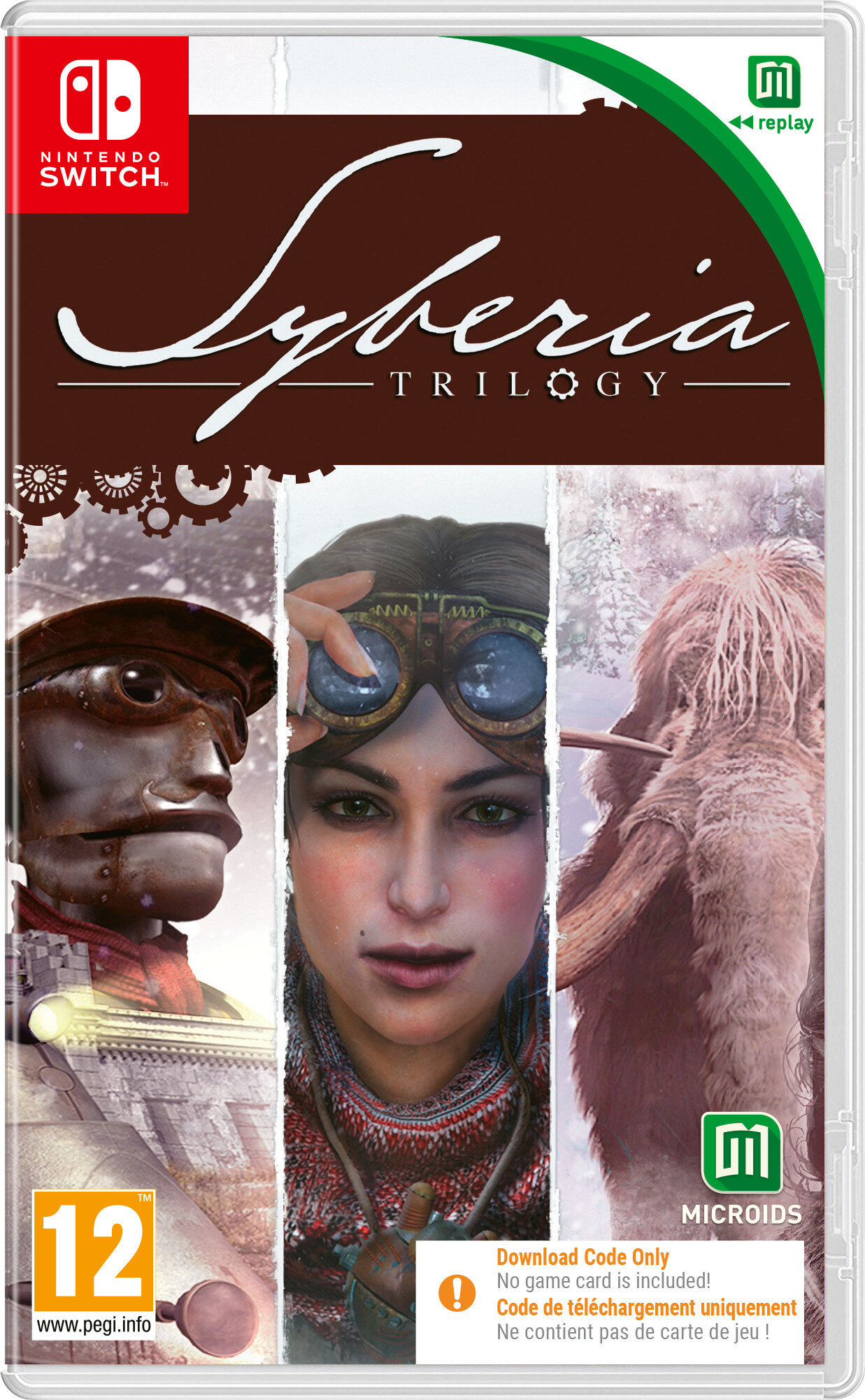 Pudełko z grą Syberia Trilogy na Nintendo Switch. Zawiera trzy postacie.