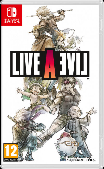 Pudełko gry Nintendo Switch: 'LIVE A LIVE' z ilustracją postaci i logo Nintendo.
