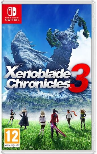 Pudełko gry Nintendo Switch: Xenoblade Chronicles 3, postacie na trawie, duża struktura w tle.