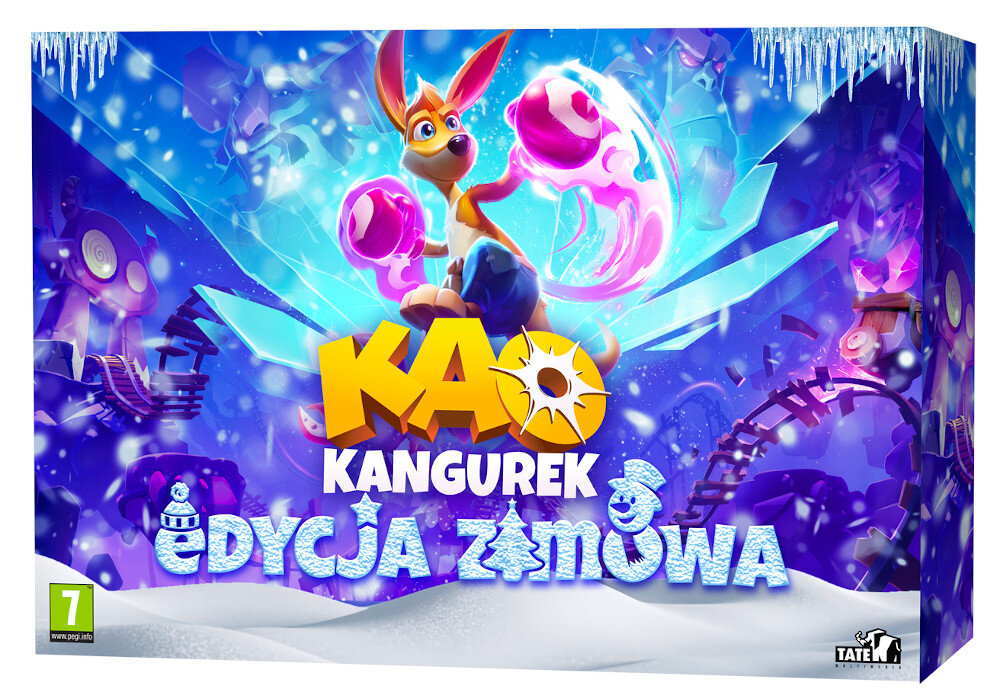 Pudełko z grą Kao the Kangaroo: Winter Edition, z kangurem w zimowej scenerii.