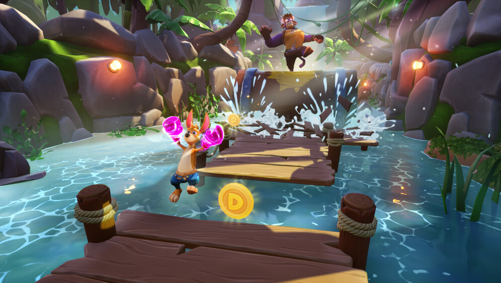 Postać z kreskówki skacząca nad wodą. Monety i drewniane platformy. Druga postać w tle.