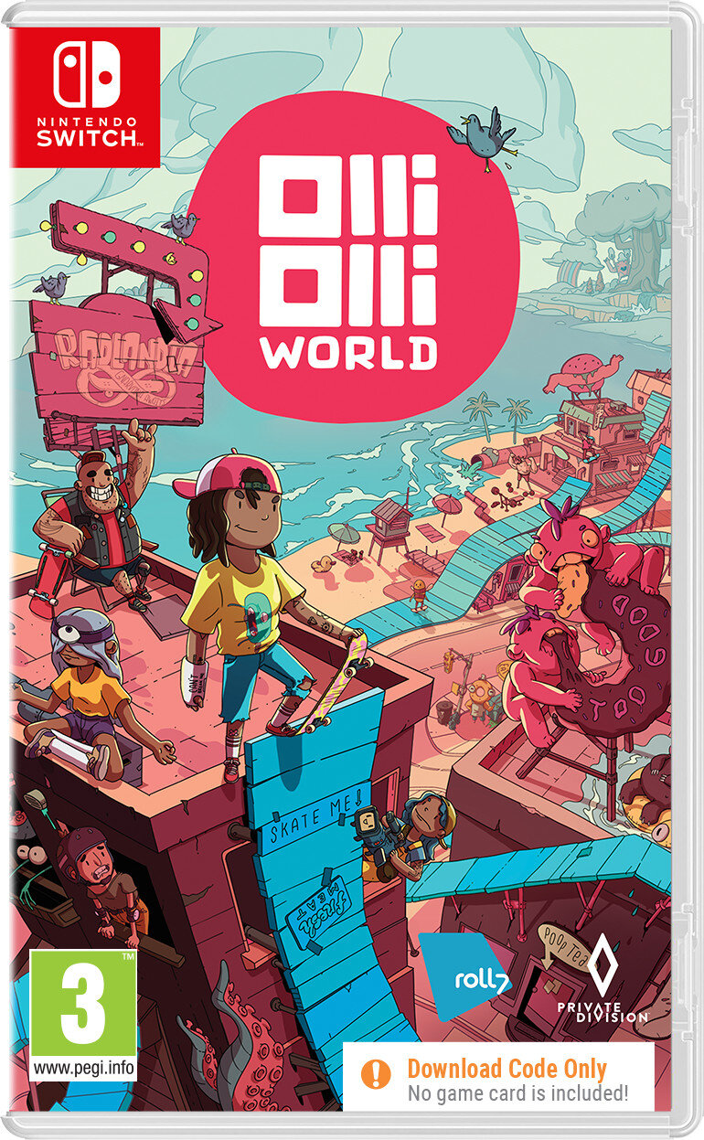Okładka gry OlliOlli World: Postać z kreskówki jeździ na deskorolce na dachu.