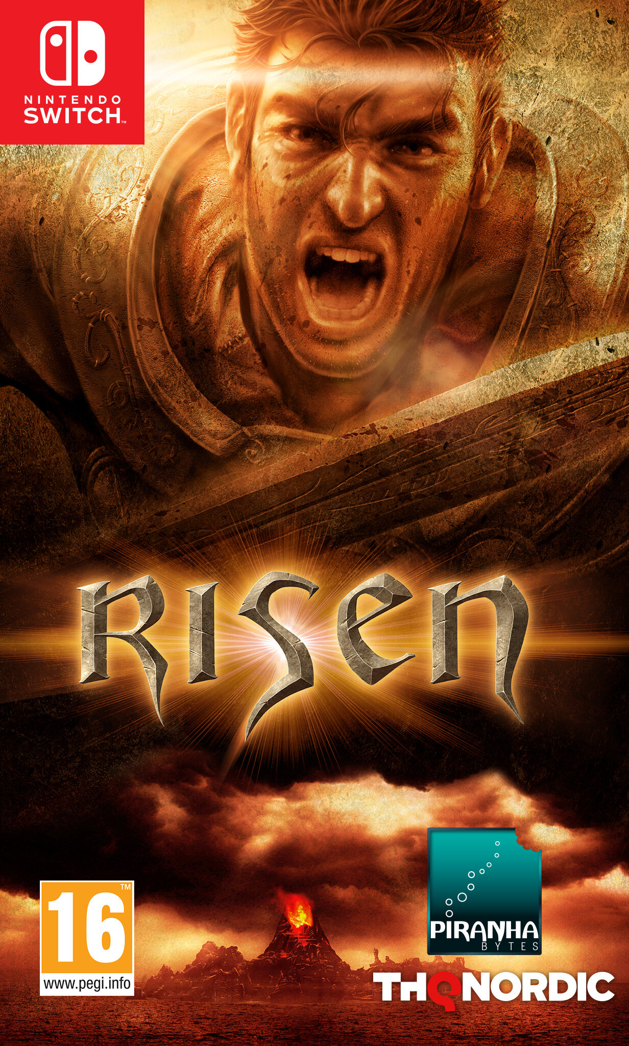 Okładka gry: Mężczyzna ze złą miną. Tytuł: Risen. Logo Nintendo Switch w lewym górnym rogu. Wulkan na dole.