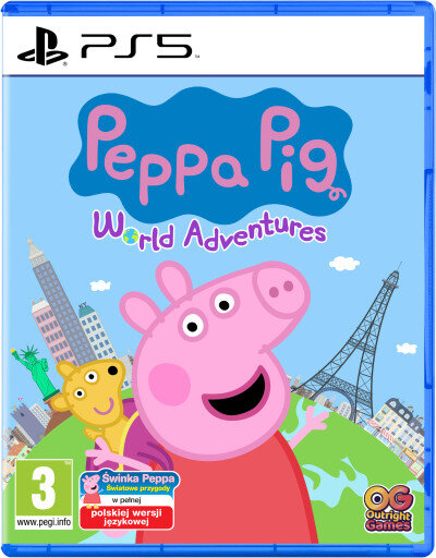 Okładka gry Peppa Pig World Adventures, z Peppą i przyjacielem w pobliżu zabytków.