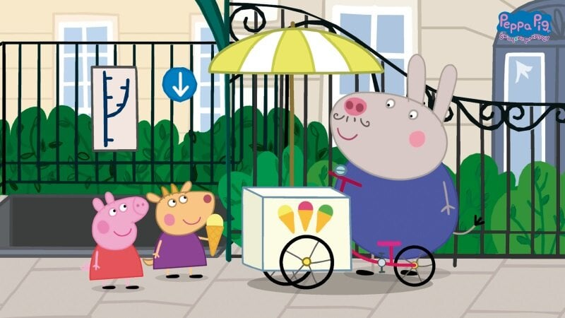 Peppa Pig i przyjaciele przy budce z lodami. Królik serwuje lody.