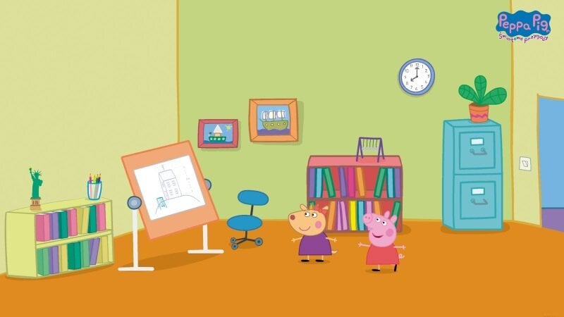 Scena z kreskówki Peppa Pig: Pokój ze sztalugą, książkami, Peppą i przyjaciółką.