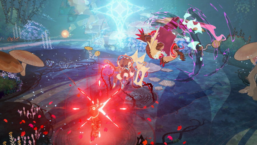 Kolorowa animowana scena z walczącymi postaciami i magicznymi efektami.