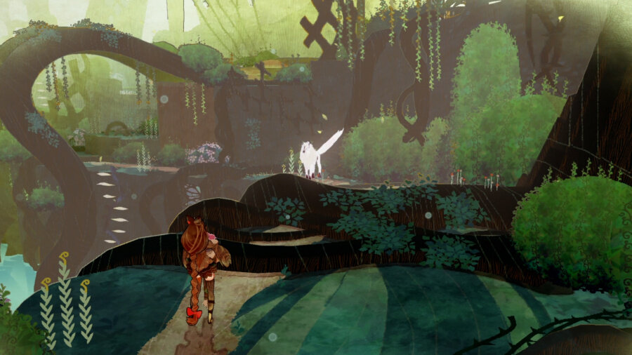 Scena leśna w stylu anime ze ścieżką, kobietą i białym zwierzęciem.