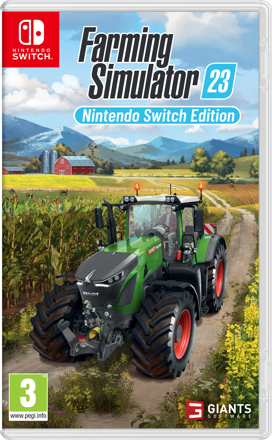Okładka gry: Zielony traktor, pole, 'Farming Simulator 23', Nintendo Switch Edition, logo Nintendo Switch.