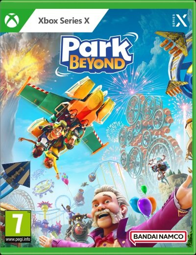 Okładka gry Park Beyond Xbox Series X: Postacie na kolejce górskiej, niebieskie tło.