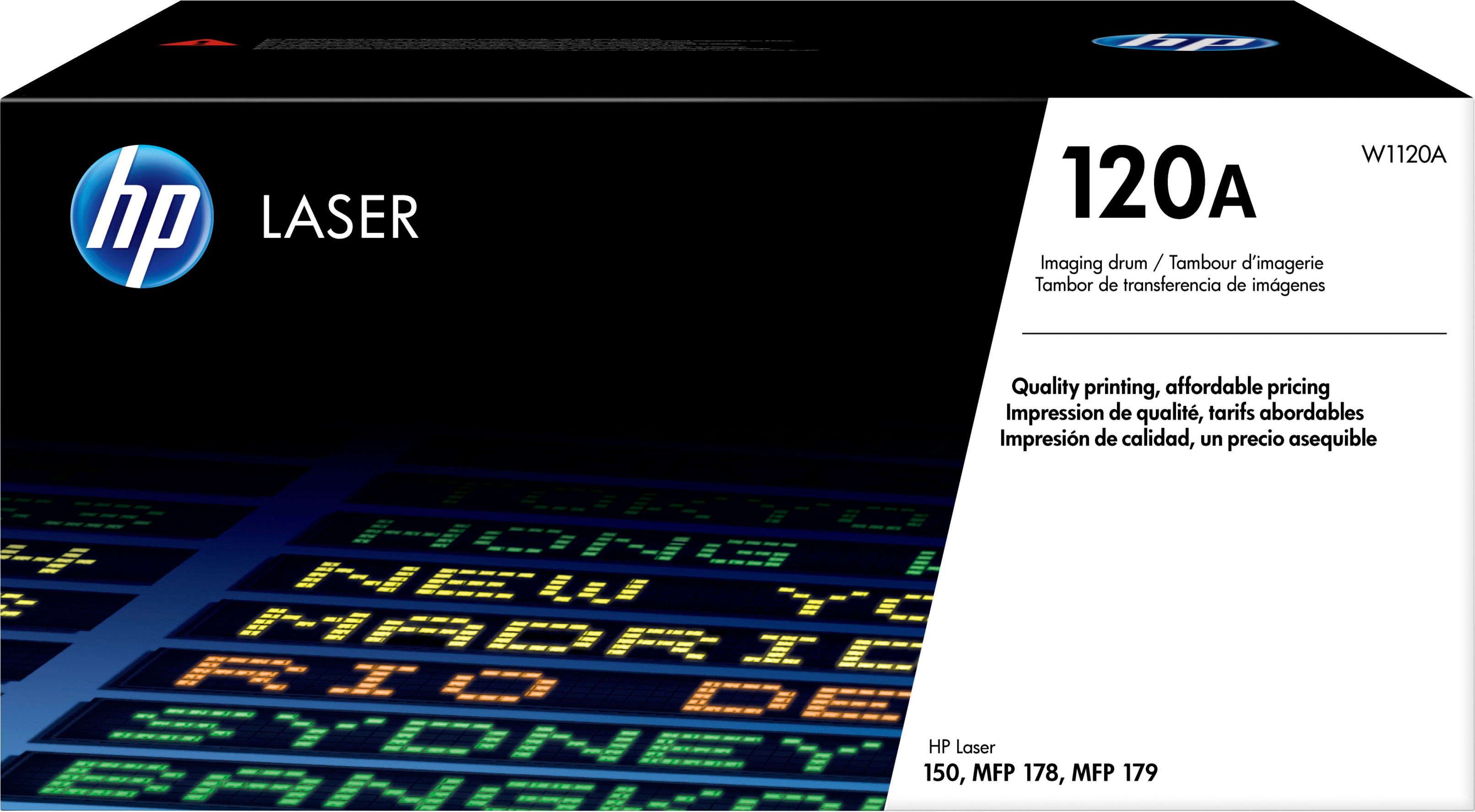 Scatola toner laser HP 120A. Scatola nera con testo bianco e logo HP blu a sinistra.