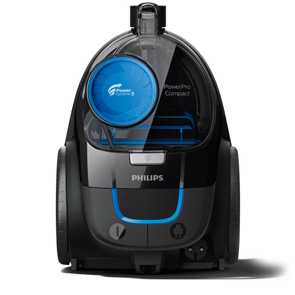 Czarny odkurzacz Philips PowerPro Compact. Niebieskie akcenty. Power Cyclone 5 napisane z boku.