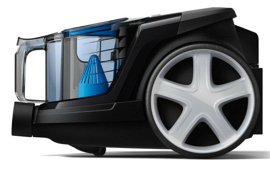 Czarny odkurzacz z przezroczystym pojemnikiem na kurz i białym kołem.