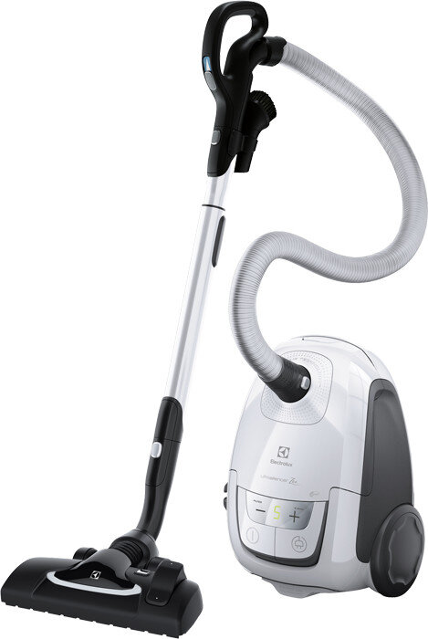 Biały odkurzacz Electrolux ze srebrnym uchwytem i wężem, na białym tle.