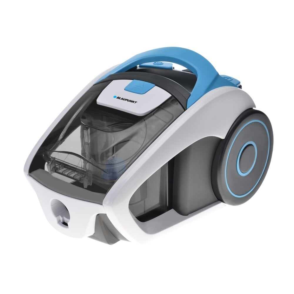 Biały i niebieski odkurzacz na białym tle. Odkurzacz jest skierowany w prawo.