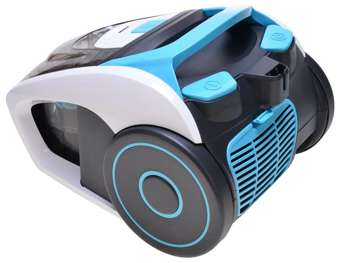 Odkurzacz z biało-niebieskim korpusem i przezroczystym pojemnikiem na kurz.