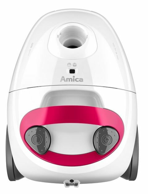 Biały odkurzacz Amica z różowym wykończeniem i dwoma szarymi przyciskami.