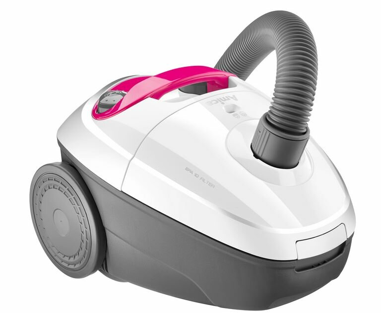 Biały i szary odkurzacz z różowymi akcentami, wężem i kółkami, widok z boku.