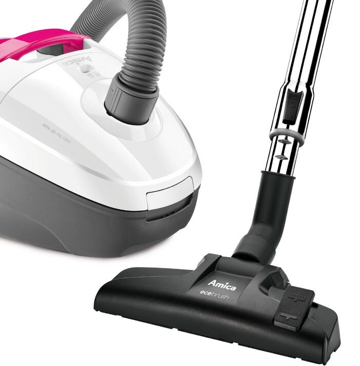 Biały i szary odkurzacz z wężem i szczotką. Marka to Amica.